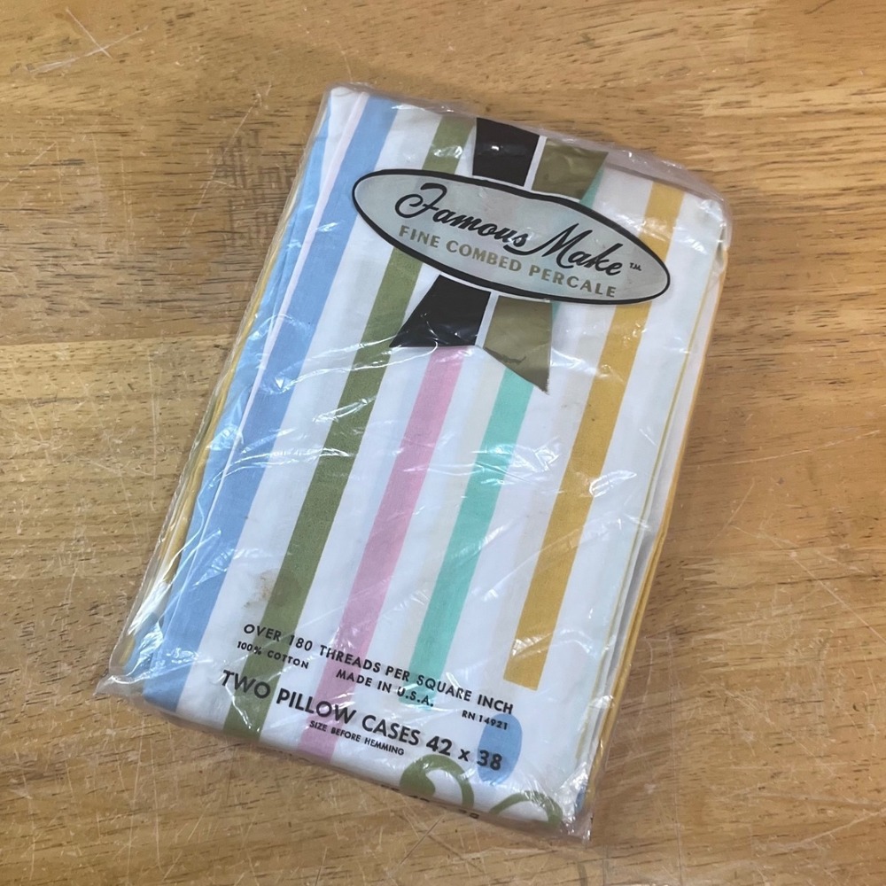 Famous Make Pillowcases Vtg 42x38 Multicolor New Striped Percale Cotton 2pk